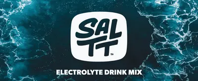 Introduces the SALTT brand and its electrolyte drink mix with a bold logo on an ocean backdrop.