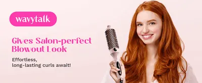 Promises a salon-quality blowout with effortless, long-lasting curls, shown on a smiling model holding the brush.