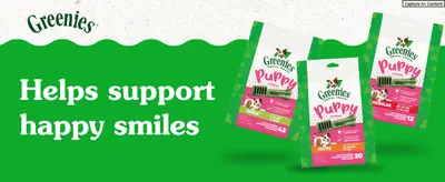 Introduces the Greenies Puppy brand and its range of treat sizes to build recognition and trust. Claims the treats help support healthy smiles, communicating the core dental benefit.