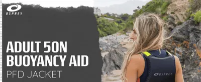 Introduces the Osprey brand and the 50N buoyancy aid over an outdoor coastal scene to build trust and set the tone. Puts one clear message up front so shoppers know what the product is at a glance.