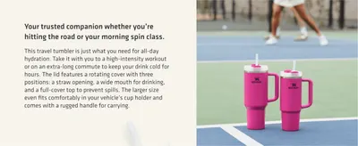Shows the tumbler in an active outdoor setting and explains the three-position lid, so shoppers see it fits workouts, commutes and cup holders.