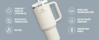 Lists six product features with icons around the tumbler, so shoppers can scan the key selling points quickly.