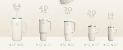 Shows the tumbler in five sizes side by side so shoppers can choose the right capacity. Gives the capacity and cold-retention time for each size to back up the choice with numbers.