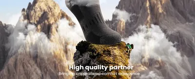 Uses an aspirational outdoor scene to reinforce the sock's comfort and reliability as a high-quality partner.