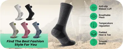 Lists five distinct sock benefits (anti-slip cuff, breathable mesh, temperature regulation, padded heel/toe, smooth seams) with icons to communicate overall product quality.