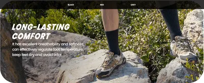Uses a lifestyle hiking photo to reinforce the sock's breathability, temperature regulation and odor control benefits.