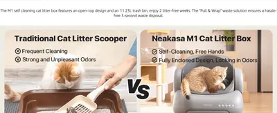 Contrasts the mess and effort of manual litter scooping with the hands-free, odor-locking design of the M1 to justify the upgrade.