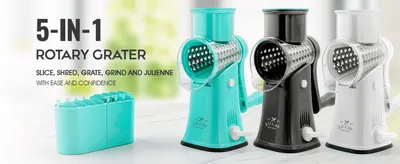 Leads with the '5-in-1' claim to show the grater replaces multiple kitchen tools in one device. Presents the grater's slicing, shredding, grating, grinding and julienning ability as one clean…