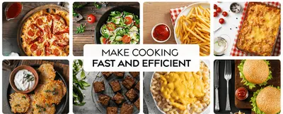 Shows the range of dishes the grater can help prepare, from pizza to fries to burgers. Ties the food variety back to one overarching benefit: making cooking fast and efficient.