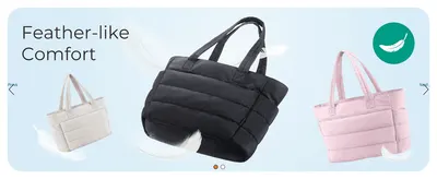 Shows the tote's feather-light, puffy feel across three colours so shoppers expect an easy, comfortable carry.