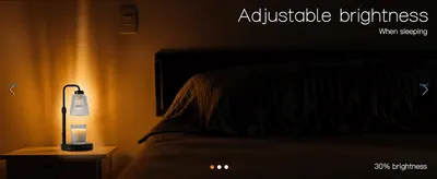 Shows the candle warmer's dimmable brightness setting so shoppers know it can be turned down low for bedtime ambience.