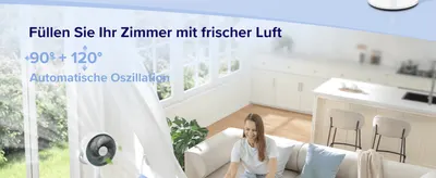 Communicates that the fan's oscillation spreads fresh air throughout the whole room for consistent comfort. Quantifies the fan's wide oscillation angles to demonstrate its broad air coverage.