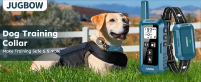 Introduces the JUGBOW brand and product with a tagline promising safe, simple dog training. Establishes the core promise of the product as an easy, safe way to train a dog.