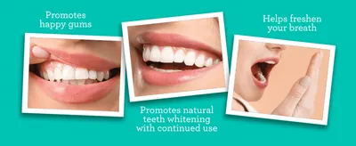 Shows three oral care benefits in photo panels so shoppers see the results they can expect.