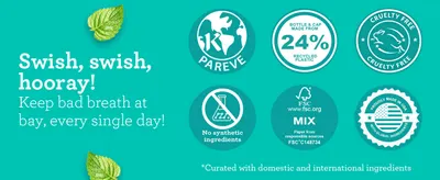 Shows cruelty-free, recycled packaging, FSC and no-synthetics badges to reassure shoppers the rinse is clean and responsibly made. Groups six separate trust badges in one grid so shoppers can scan…
