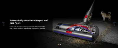 Shows the brush head adapting power across carpets and hard floors, so shoppers trust it to clean every surface.
