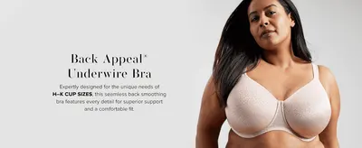 Introduces the Back Appeal bra and its back-smoothing, supportive fit for H-K cup sizes.