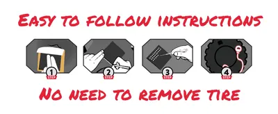 Shows the simple 4-step process to apply the sidewall patch without removing the tire.