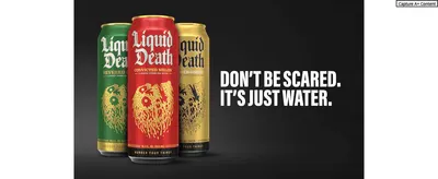 Shows the range of Liquid Death flavors side by side while reassuring shoppers the brand's edgy look is just packaging for water. Uses a bold headline to tell shoppers not to be put off by the…