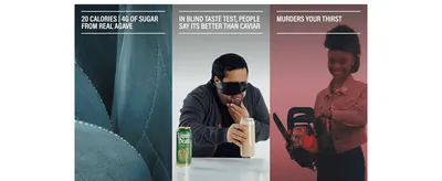 Highlights three distinct selling points in a segmented three-panel layout: low calorie/sugar content, superior taste, and thirst-quenching performance.