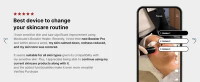 Builds social proof with a 5-star verified customer quote describing calmed, restored skin after use.