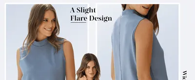 Highlights the slight flare and mock-neck design detail of the top so shoppers can see the fit and silhouette up close.