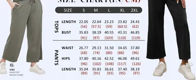 Gives shoppers exact top and pant measurements by size to help them pick the right fit.