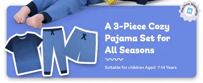 Introduces the pajama set as a cozy, all-season, machine-washable option for children aged 7-14.