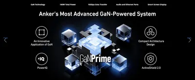Highlights four distinct technical advantages of the GaN-powered design in a segmented icon grid.