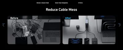 Shows the desk transformation from cluttered cables to a clean setup after using the docking station.