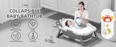 Shows four key bathtub benefits with icons and a bonus toy offer, so parents see the value at a glance.