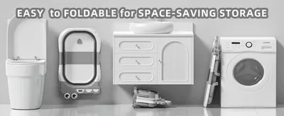 Shows the bathtub folded flat in a bathroom to reassure shoppers it saves space.