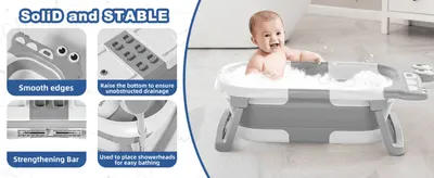 Zooms into the tub's edges, raised base, strengthening bar and showerhead holder so shoppers see it is sturdy and well built. Shows four separate build benefits in one layout to reassure parents…