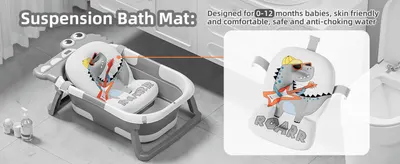 Highlights the included suspension bath mat for babies aged 0-12 months as a skin-friendly, safe, comfortable feature. Uses a zoom bubble and connector line to show the mat's shape and fit inside…