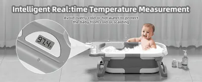 Shows the built-in digital thermometer so parents can avoid water that is too hot or cold for the baby. Zooms in on the temperature display to show exactly where and how the reading appears.