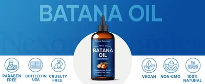 Reassures shoppers the oil is paraben-free, cruelty-free, vegan and USA-bottled through a row of certification icons. Establishes the Nexon Botanics brand identity with a bold product hero shot.