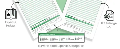 Shows the physical ledger and mileage log included in the set plus the 18 pre-loaded expense categories, so shoppers know exactly what they receive.