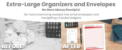 Contrasts a cluttered pile of crumpled receipts with a tidy, organized desk using the product to reassure shoppers it eliminates paperwork chaos.