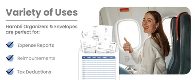 Shows the envelope organizer suits several practical needs — expense reports, reimbursements, and tax deductions — to widen its perceived usefulness.