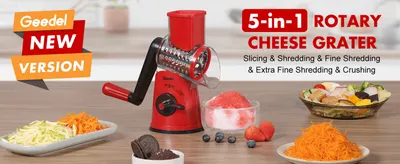Shows the grater producing several different food results (shredded cheese, veggies, ice, fruit) to demonstrate versatility. Emphasizes the product's five functions in one tool as its core selling…