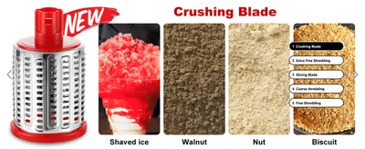 Labels each of the 5 interchangeable blades so shoppers understand the tool has multiple specialized cutting functions. Shows the range of results (shaved ice, ground walnut, ground nut, biscuit…
