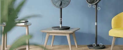 Points out the fan's key touchpoints and adjustable parts so shoppers understand how the controls and stand are laid out. Highlights several physical features of the fan at once across labeled zoom…