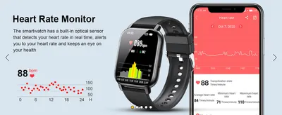 Shows the watch's real-time heart rate tracking with live stats and app graph to reassure shoppers of accurate health monitoring. Highlights a live bpm reading and daily trend chart to prove the…