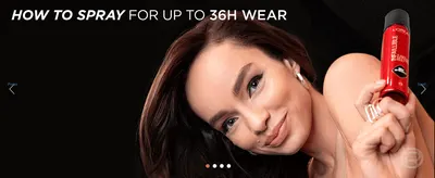 Shows a model spraying the product to demonstrate correct application for up to 36 hours of wear. Reinforces the single core benefit of long-lasting, all-day wear through one clean lifestyle scene.