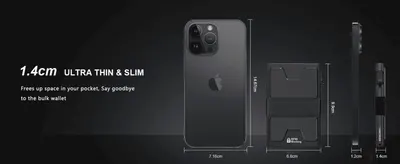 Shows the wallet's exact thin dimensions alongside an iPhone for scale, reassuring shoppers of its slim, pocket-friendly size. Communicates that the wallet's slimness frees up pocket space, removing…