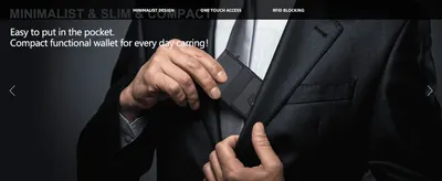 Shows the wallet being slipped smoothly into a suit jacket pocket to reassure shoppers of its compact, minimalist, everyday-carry convenience.