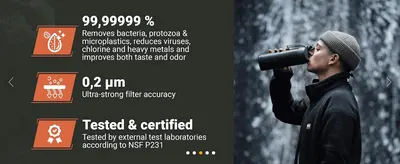 Highlights three distinct filter performance and safety claims in a segmented carousel panel alongside a lifestyle photo of the bottle in use. Reassures shoppers the filtration is independently…