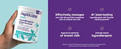 Highlights four distinct product claims in a segmented layout to reassure parents the formula is effective, great-tasting, and safe.