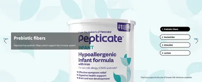 Highlights one ingredient benefit (prebiotic fibers supporting the immune system) as part of a carousel of formula features.