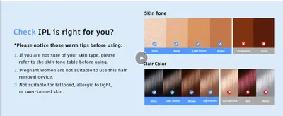 Helps shoppers check whether the device suits their skin tone and hair color before buying. Warns pregnant users and unsuitable skin types against use to set safe expectations before purchase.